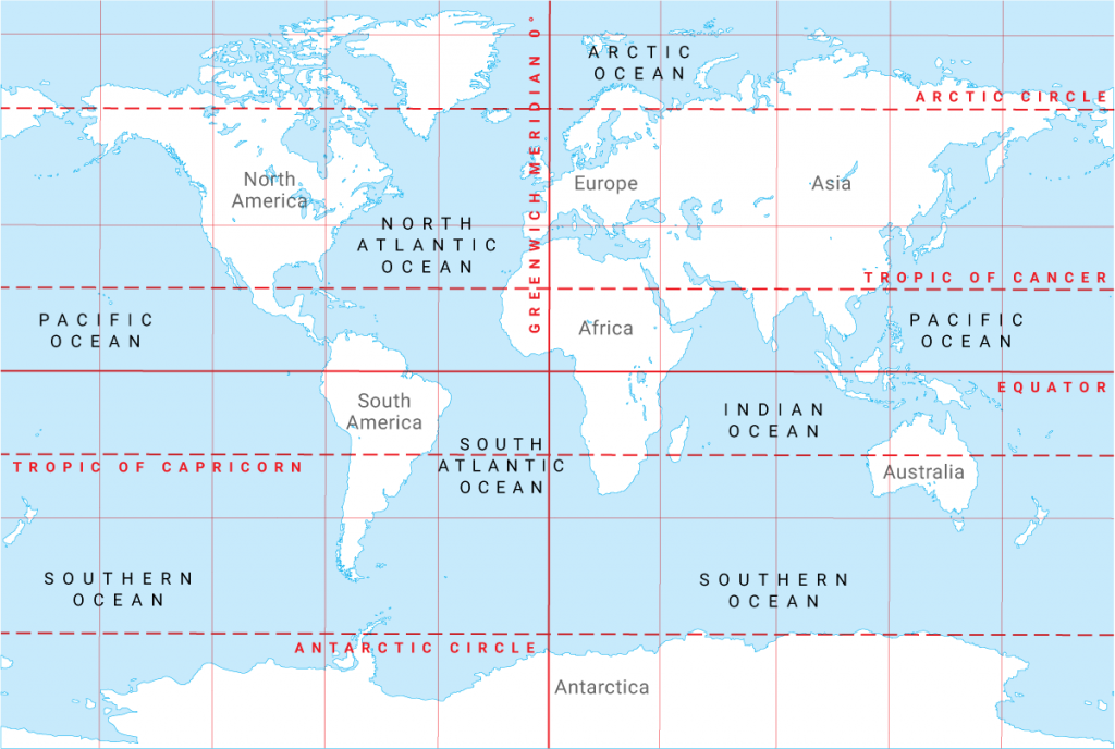 Continents Lines Of Latitude And Longitude Oceans And Ocean Currents